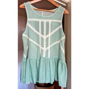 Free People Tops Women’s Size Large Green Lace Striped Peplum Sleeveless Top